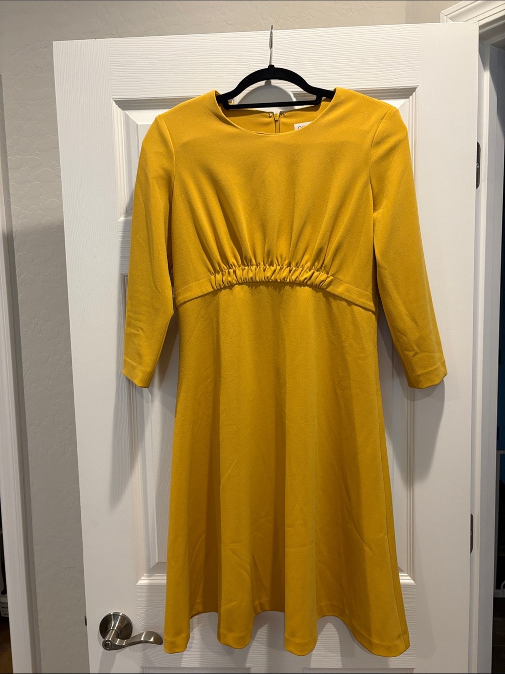Calvin Klein Mustard Yellow 3/4 Sleeve Empire Waist Knee Length Dress